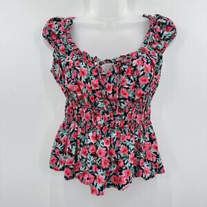 Old Navy Floral Babydoll Milkmaid Top Sz S Pink Blue Ruffle Tie Peasant Feminine